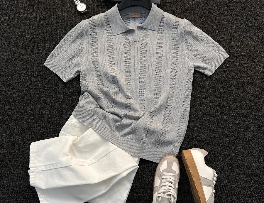Grey knit polo outfit reference