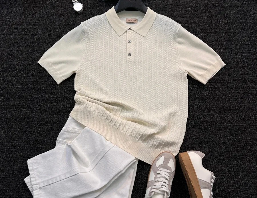 Cream knit polo outfit reference
