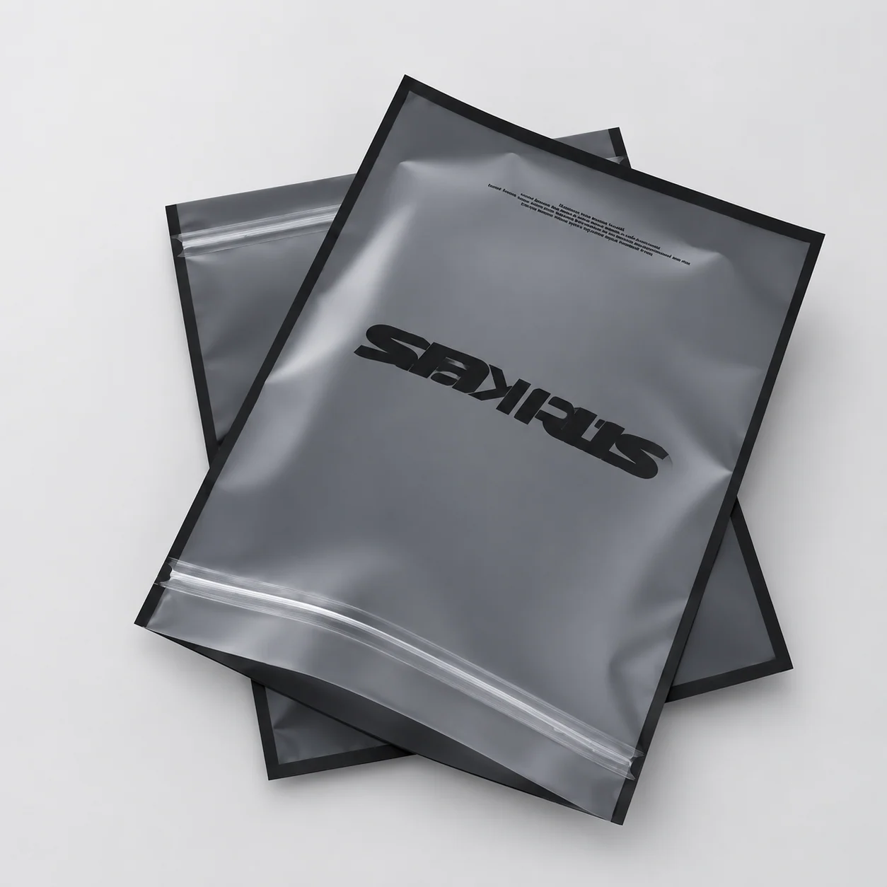 Smoky translucent zip garment bags with black borders