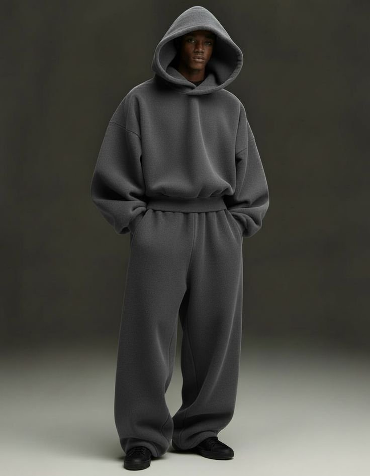 Model wearing an oversized charcoal hoodie and matching pants
