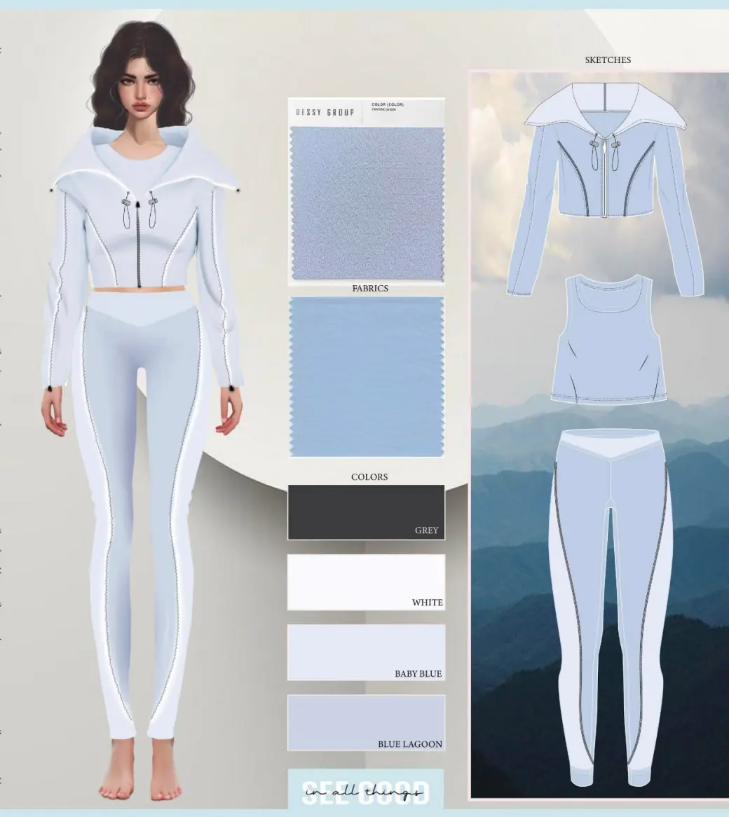 Apparel tech pack with garment sketch, fabric swatches, and color references