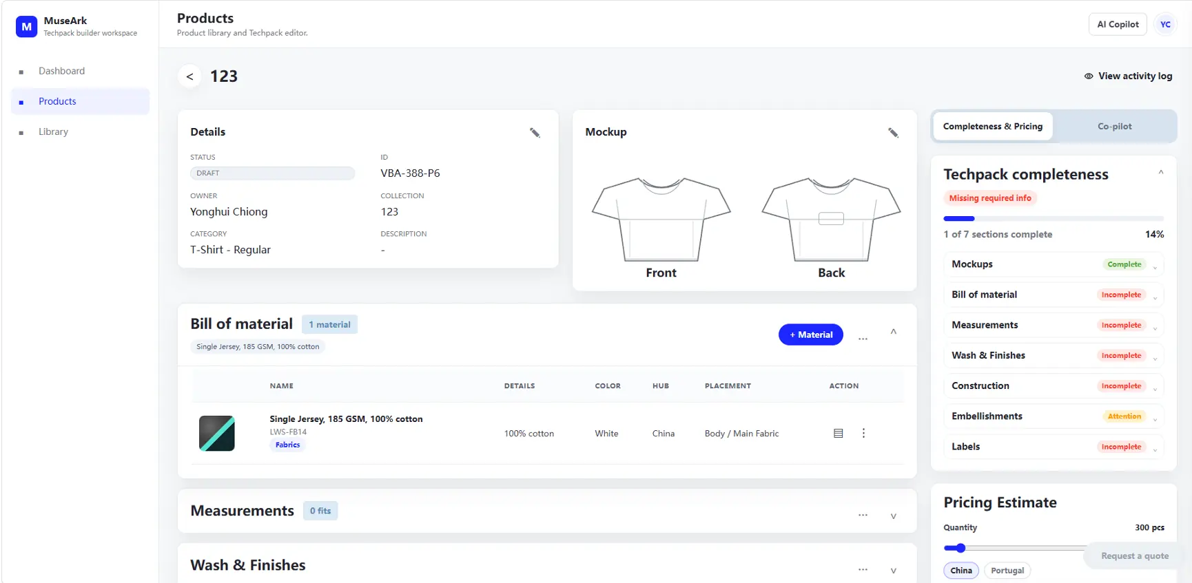 MuseArk product tech pack workspace demo screen